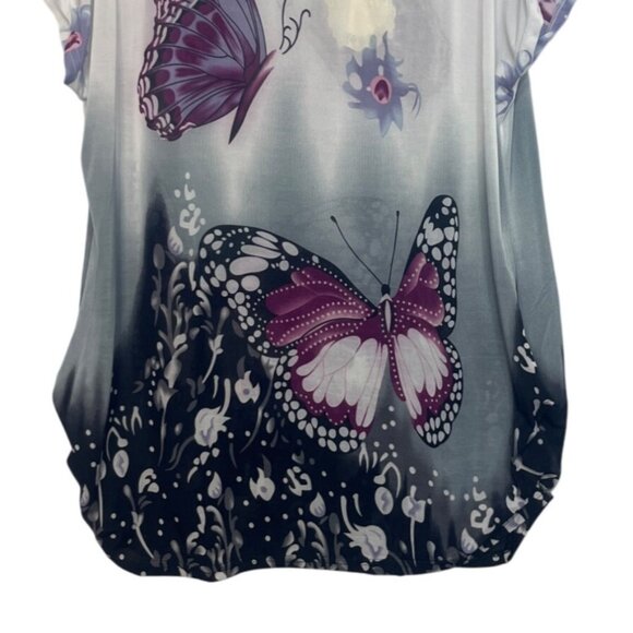Ace Fashion Butterfly Print Short Sleeve Shirt Top Womens Small Gray Pink New - Picture 4 of 9
